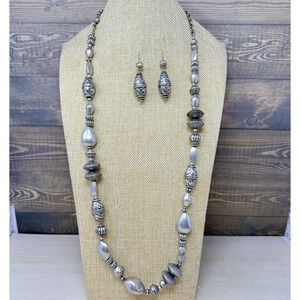 Chicos Chunky Beaded Statement Silver Tone Necklace and Dangle Earrings
